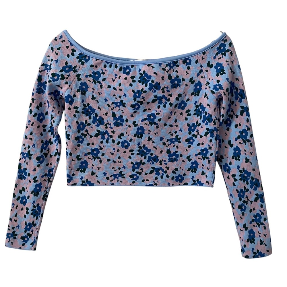 Zara Blue Pink Floral Jacquard Knit Off the Shoulder Crop Top Long Sleeve Large